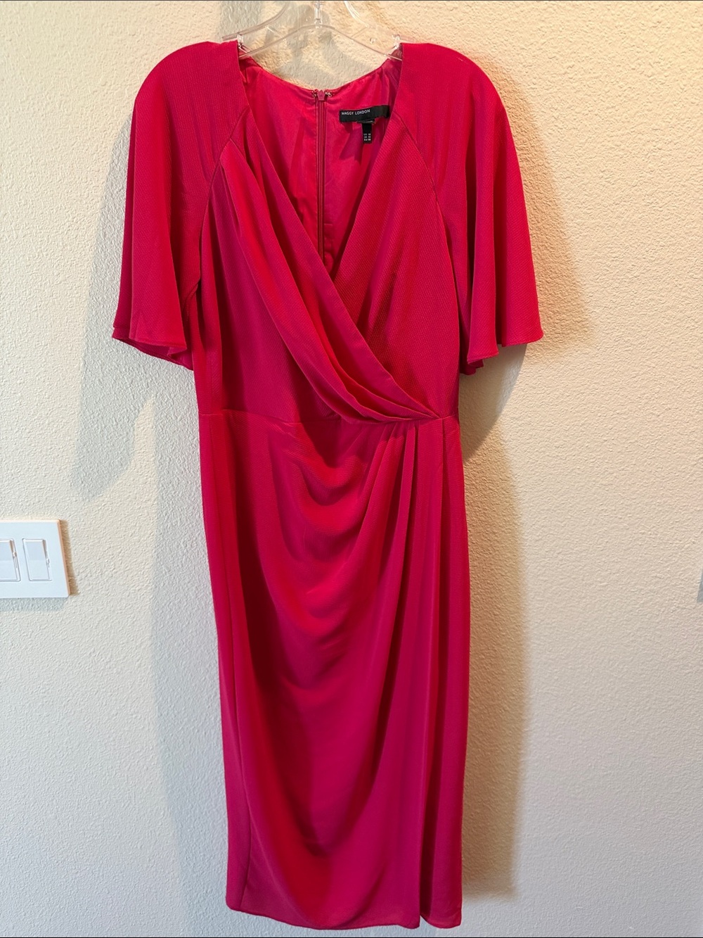 Maggy London Fuchsia Draped V-Neck Midi Dress